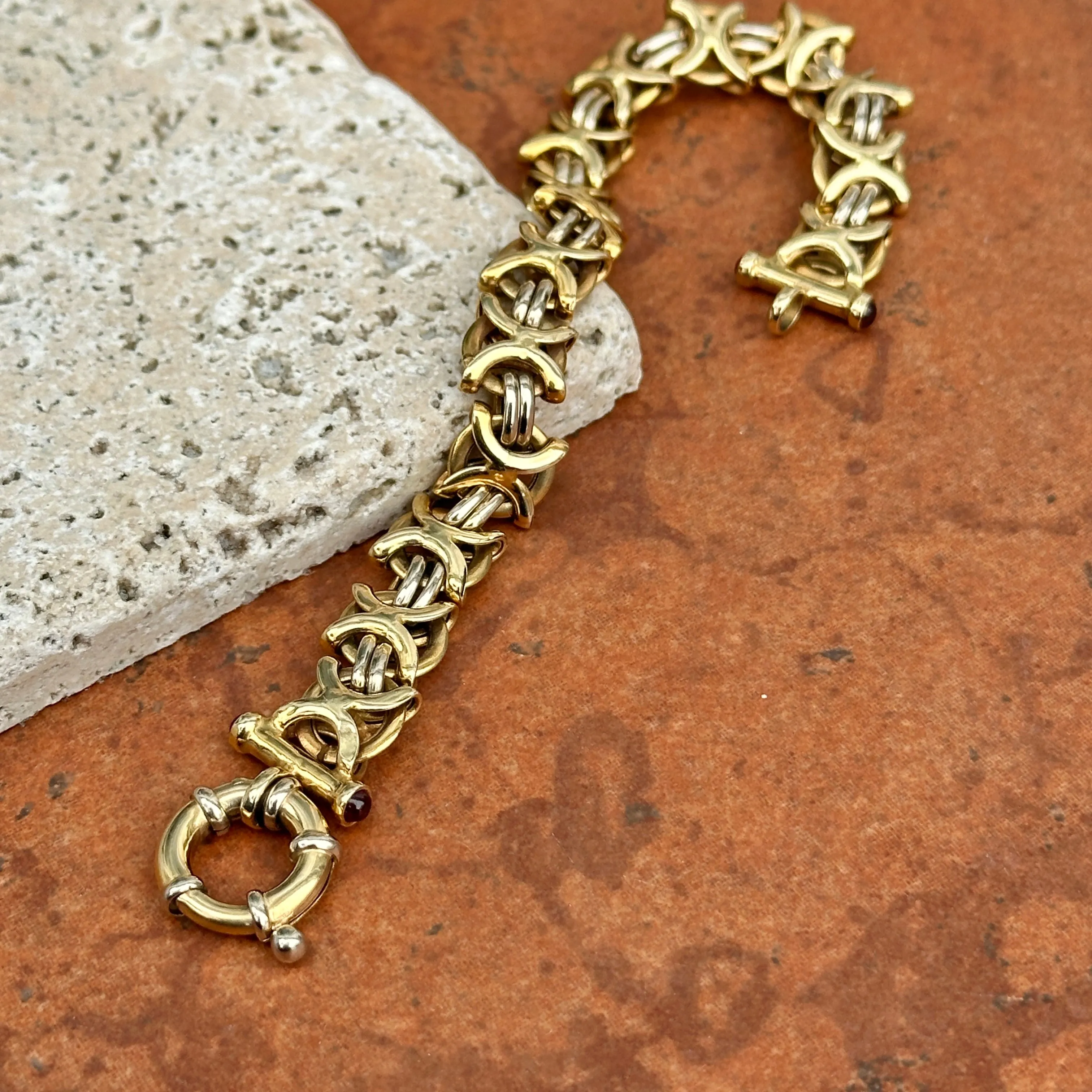 Estate 14KT White Gold and Yellow Gold Alternating Chain Garnet Toggle Bracelet