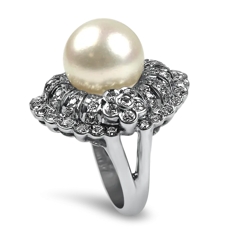 Estate 18K White Gold Pearl & Diamond Cocktail Ring