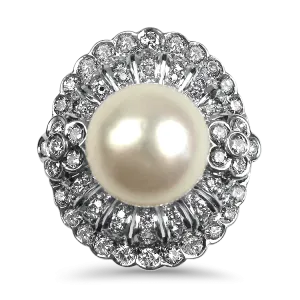 Estate 18K White Gold Pearl & Diamond Cocktail Ring