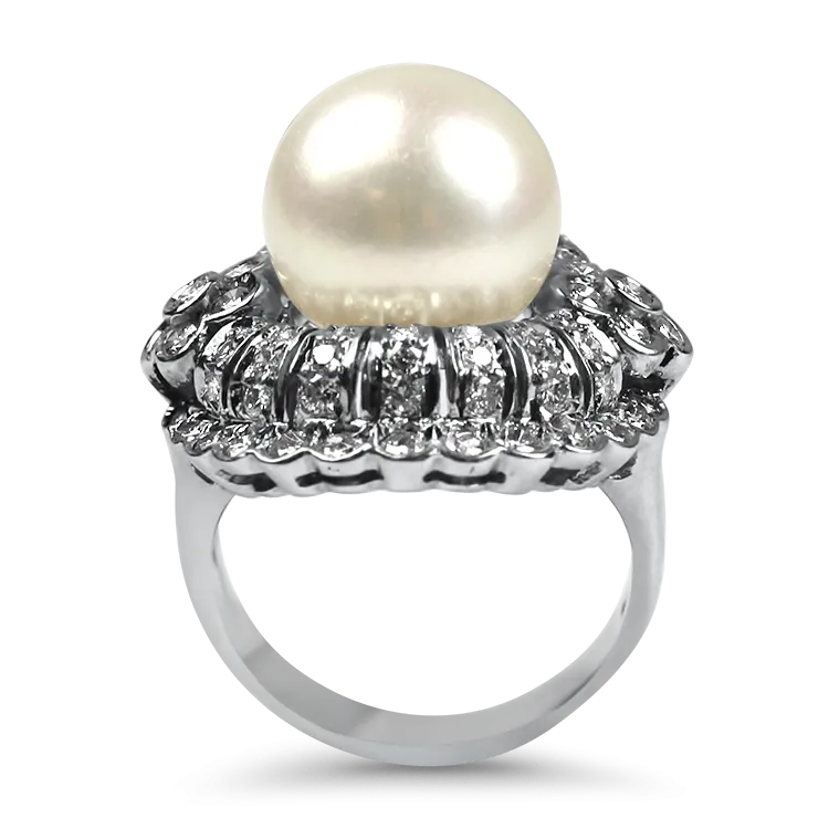 Estate 18K White Gold Pearl & Diamond Cocktail Ring