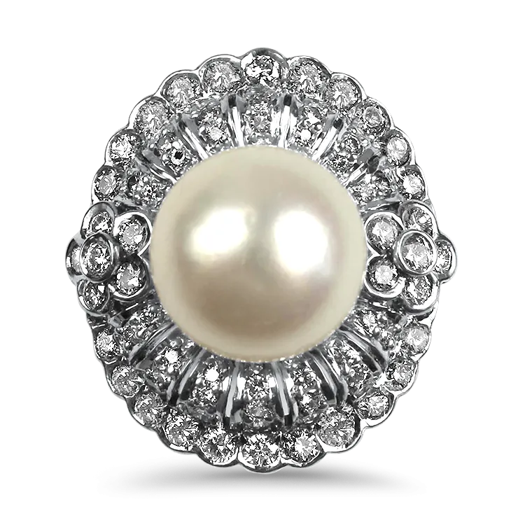 Estate 18K White Gold Pearl & Diamond Cocktail Ring