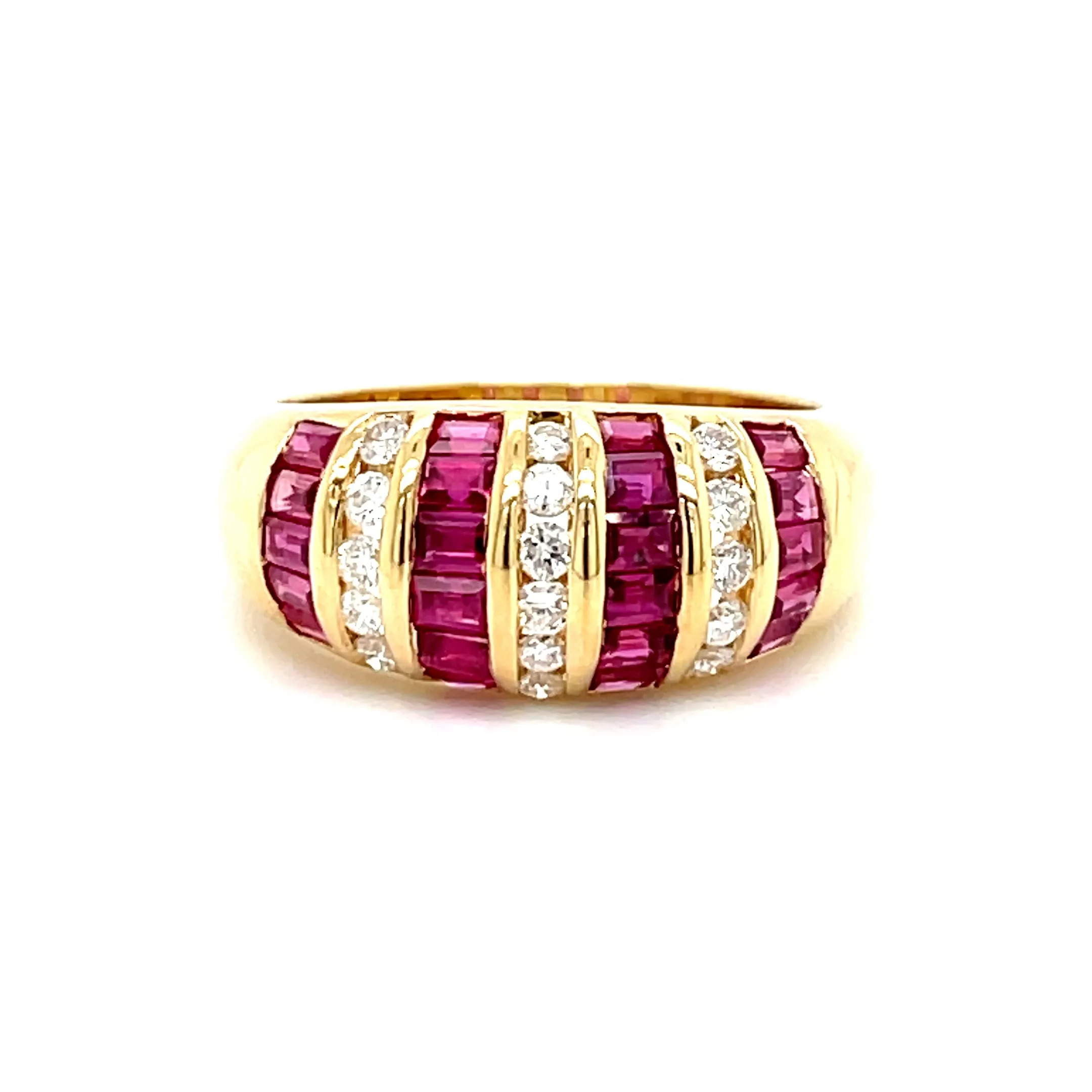 ESTATE 18K YELLOW GOLD DOMED FASHION RING WITH RUBIES AND DIAMONDS