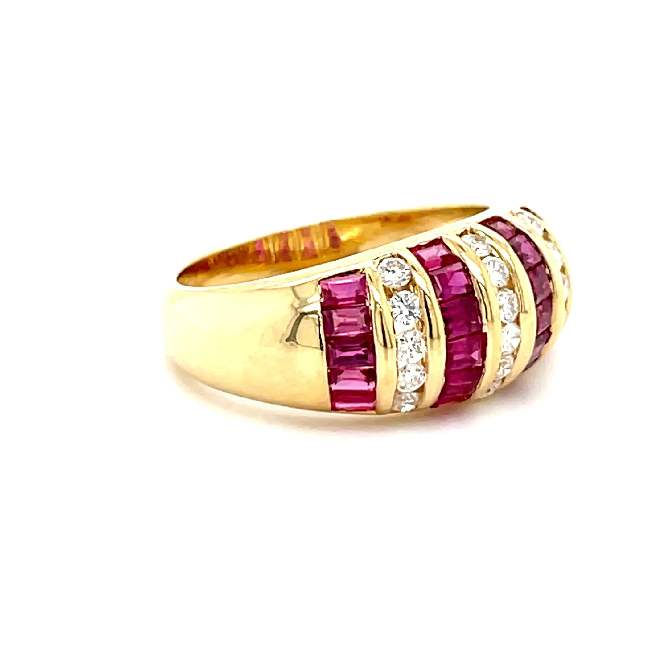 ESTATE 18K YELLOW GOLD DOMED FASHION RING WITH RUBIES AND DIAMONDS