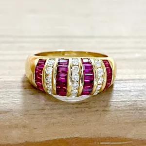 ESTATE 18K YELLOW GOLD DOMED FASHION RING WITH RUBIES AND DIAMONDS