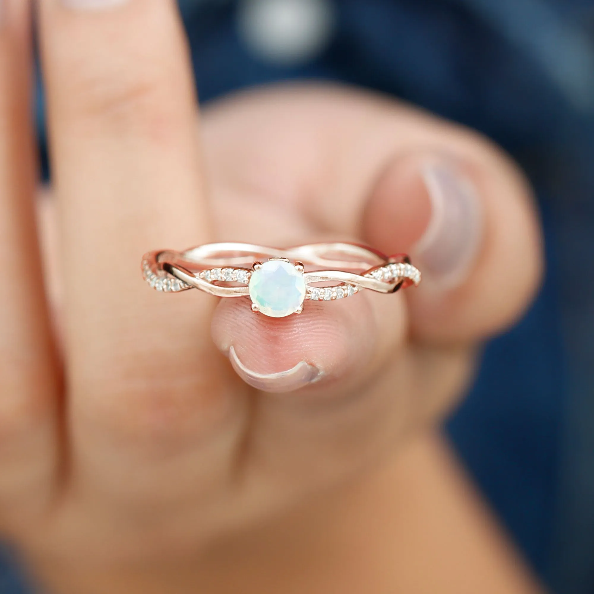 Ethiopian Opal Solitaire Ring with Diamond Braided Shank