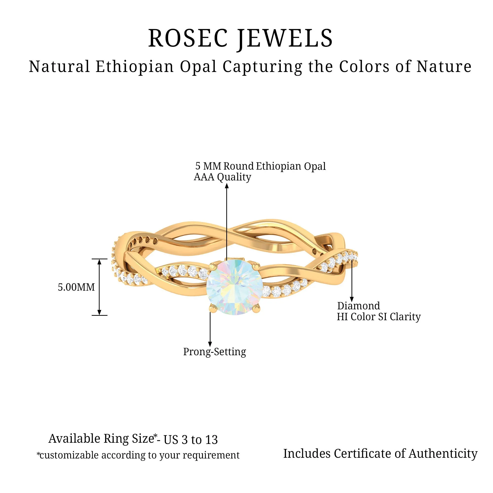 Ethiopian Opal Solitaire Ring with Diamond Braided Shank