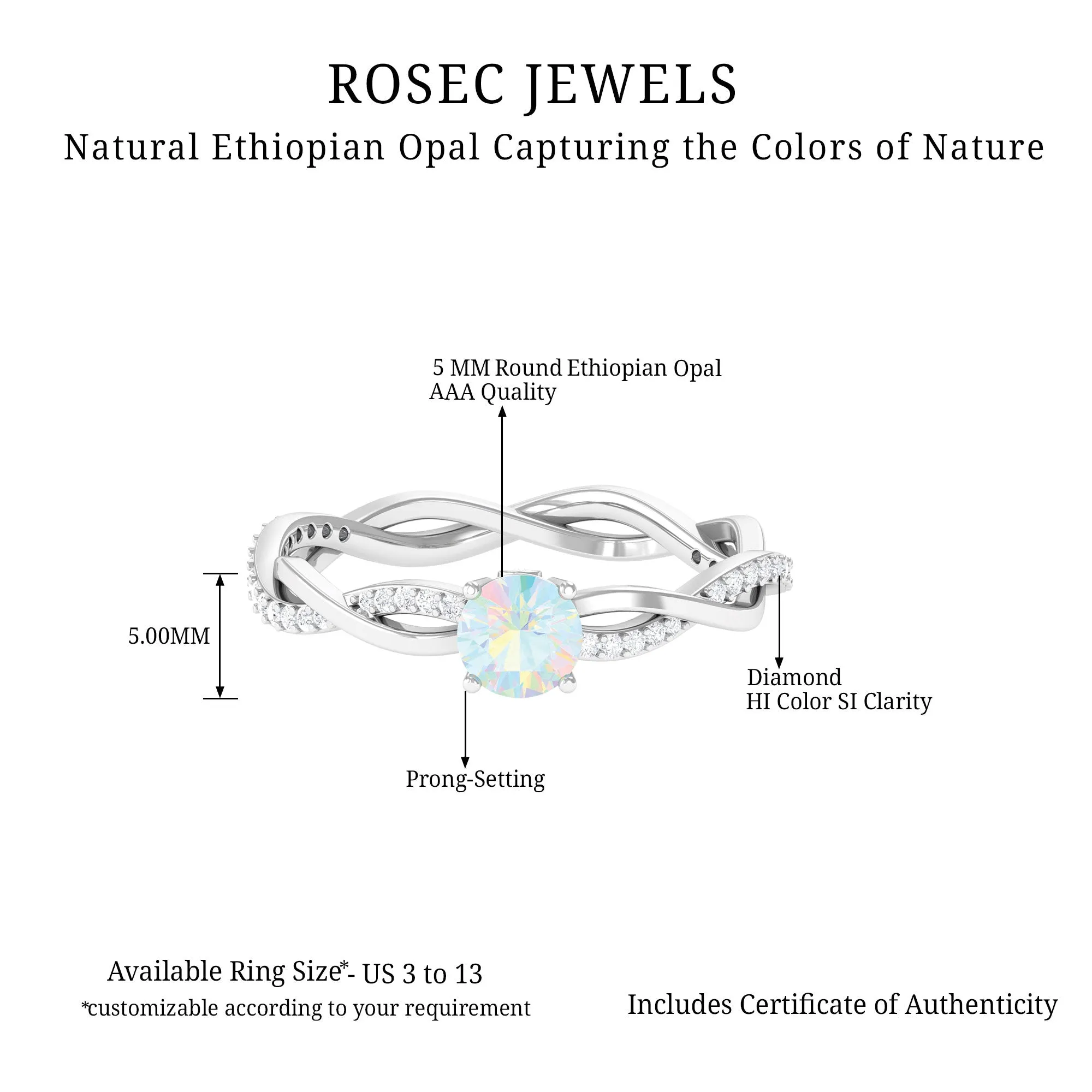 Ethiopian Opal Solitaire Ring with Diamond Braided Shank