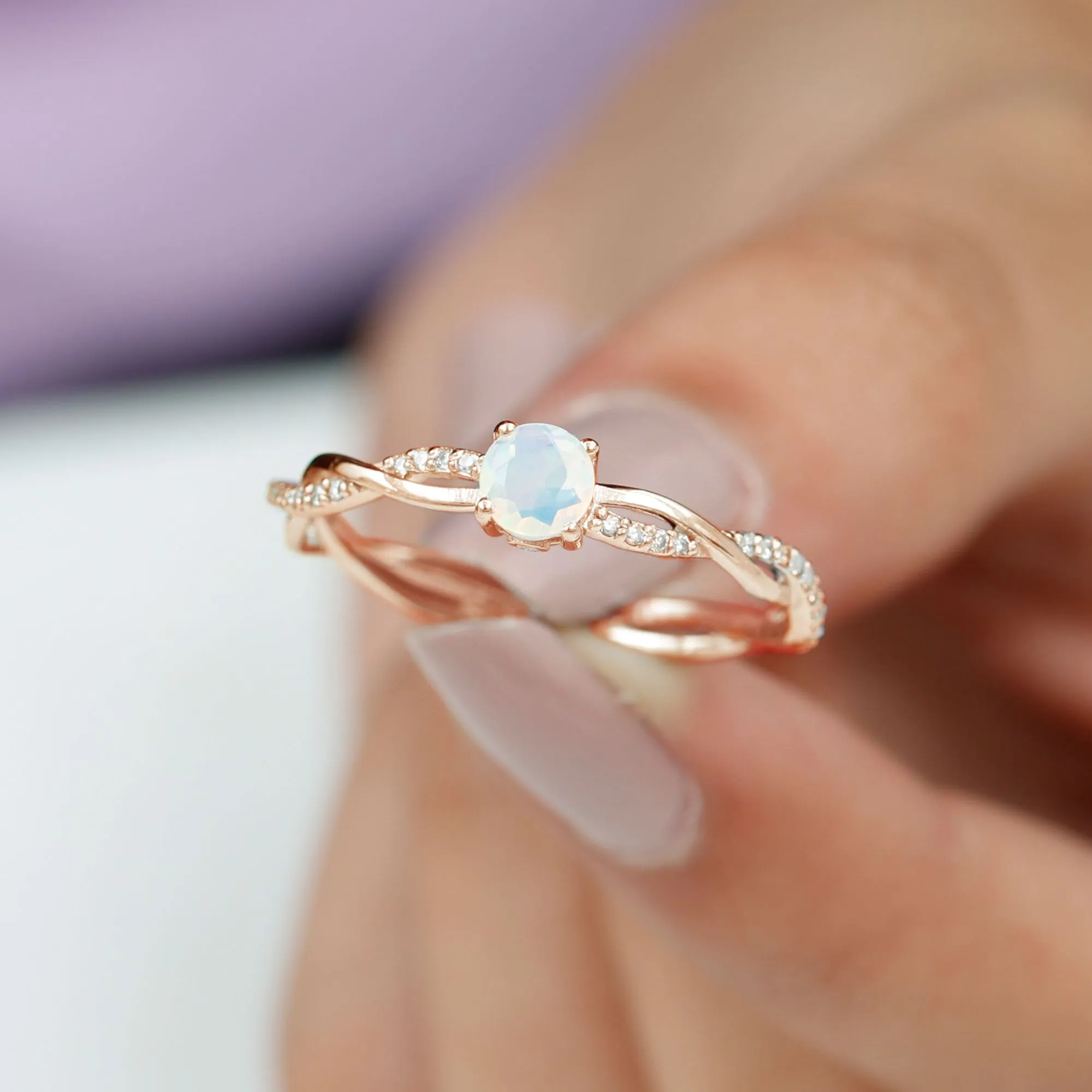 Ethiopian Opal Solitaire Ring with Diamond Braided Shank