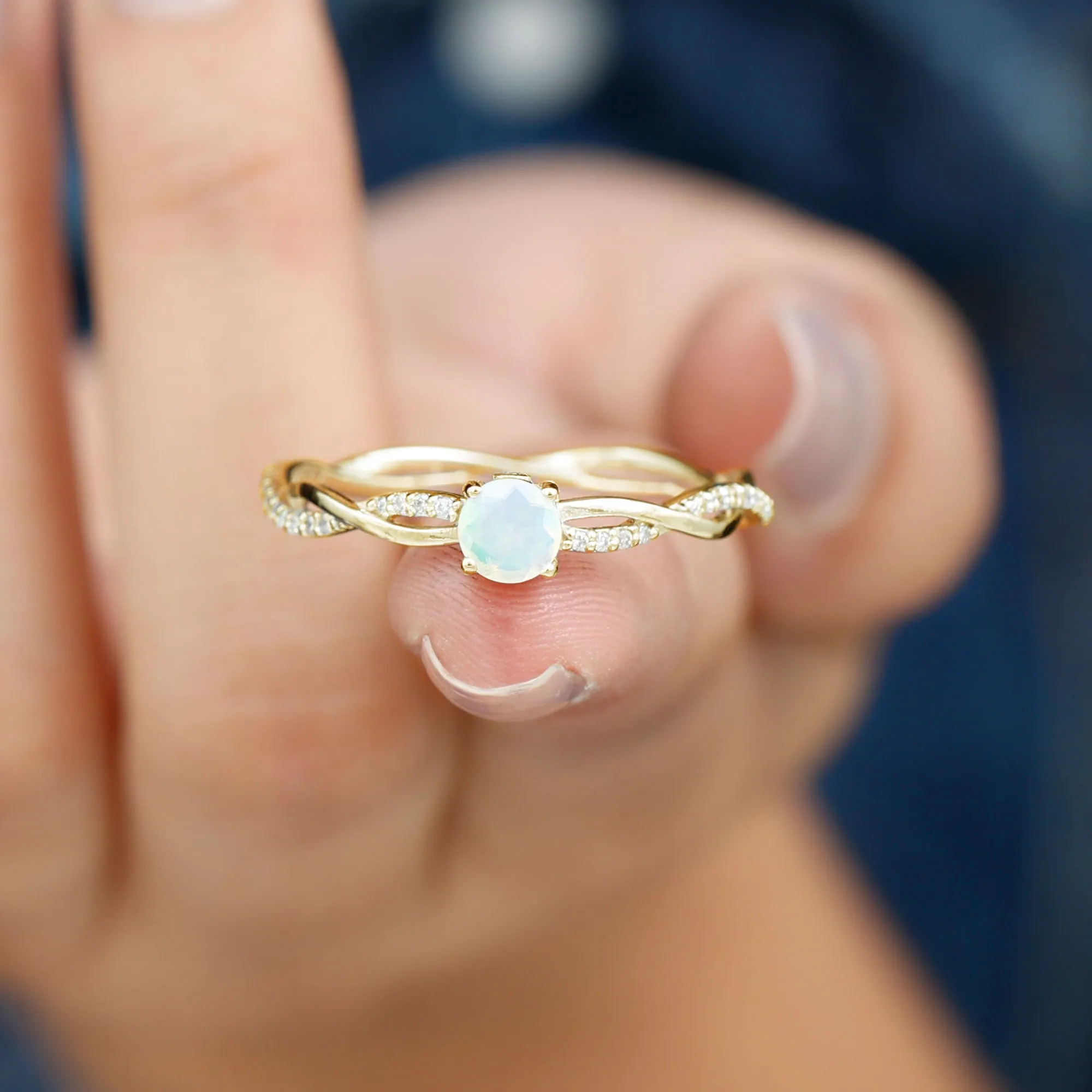 Ethiopian Opal Solitaire Ring with Diamond Braided Shank