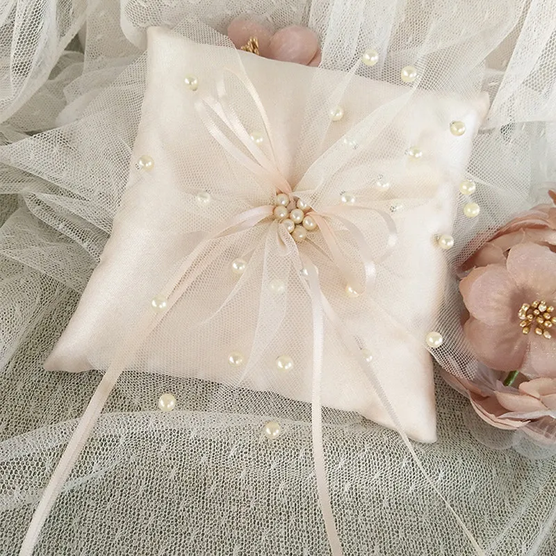 European Romantic Handmade Bridal Ring Pillow Ribbon and Pearls for Wedding Ceremony