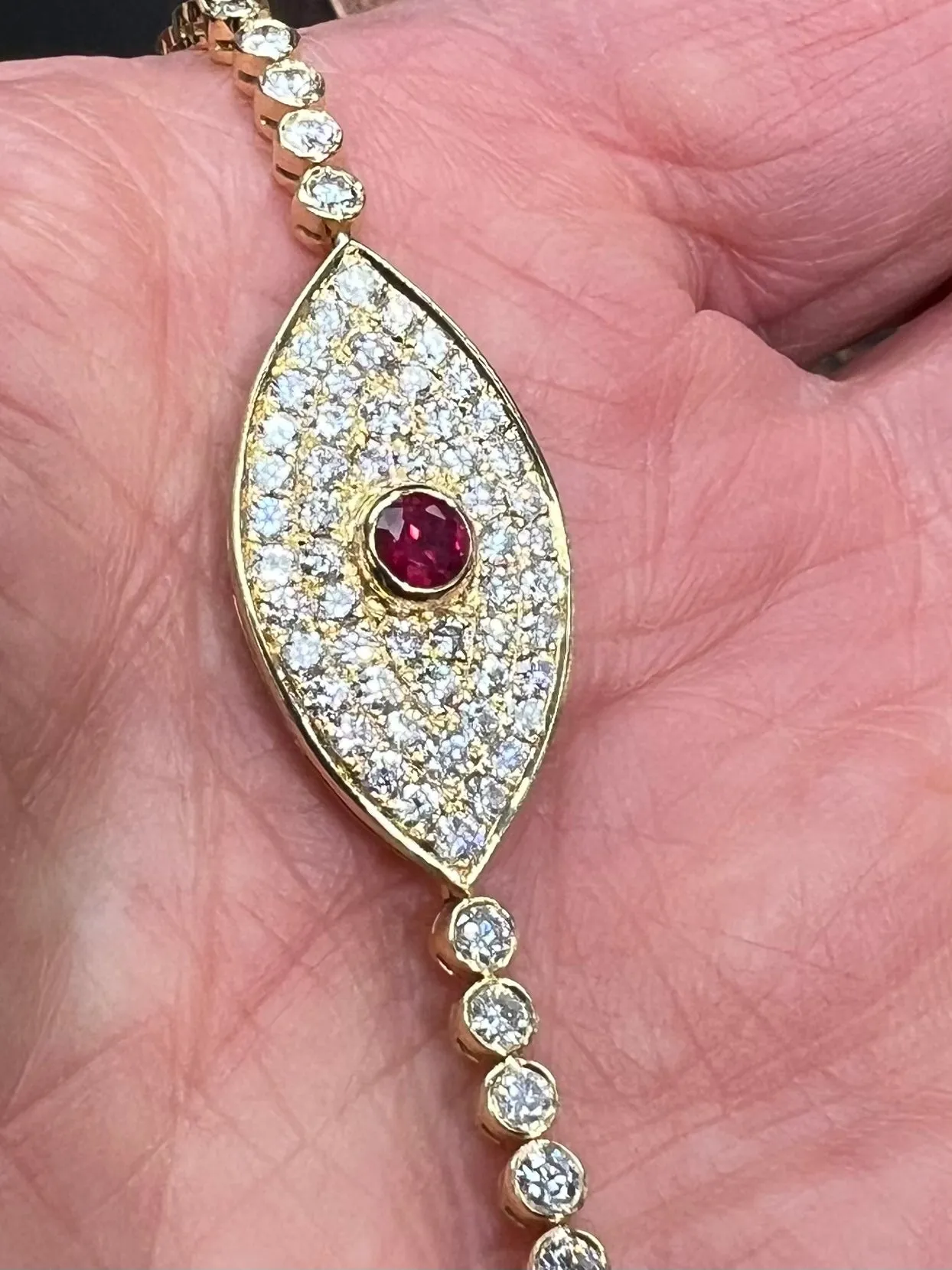 Evil Eye Amulet Diamond Ruby Yellow Gold Bracelet