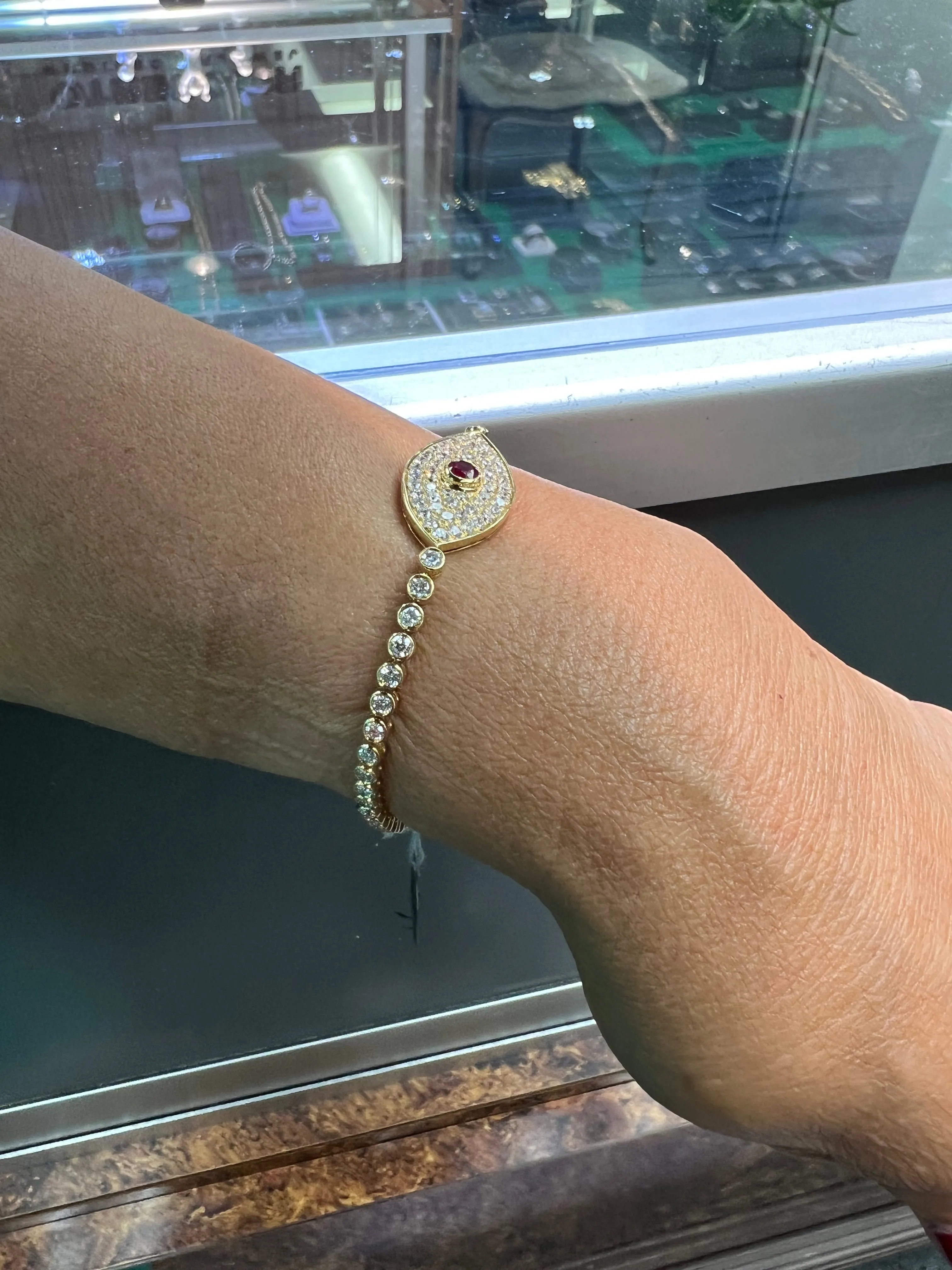 Evil Eye Amulet Diamond Ruby Yellow Gold Bracelet