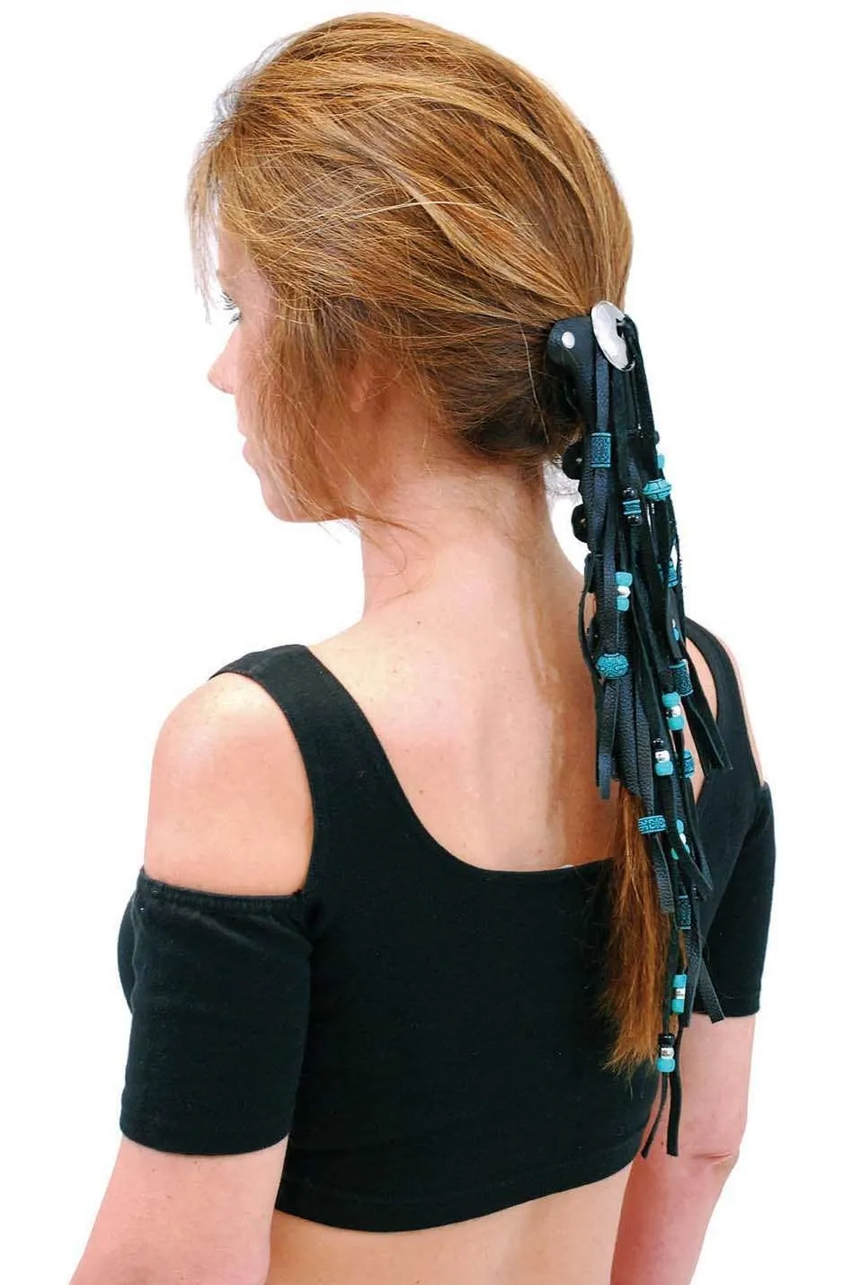 Extra Long Turquoise Beaded Black Leather Hair Tube #AHW6543FBT