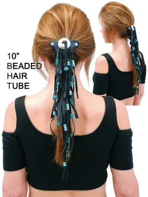 Extra Long Turquoise Beaded Black Leather Hair Tube #AHW6543FBT