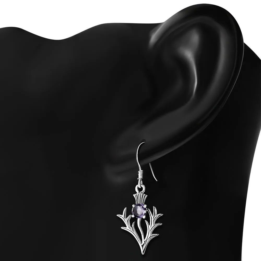 Faceted Amethyst Stone Silver Scottish Thistle Earrings