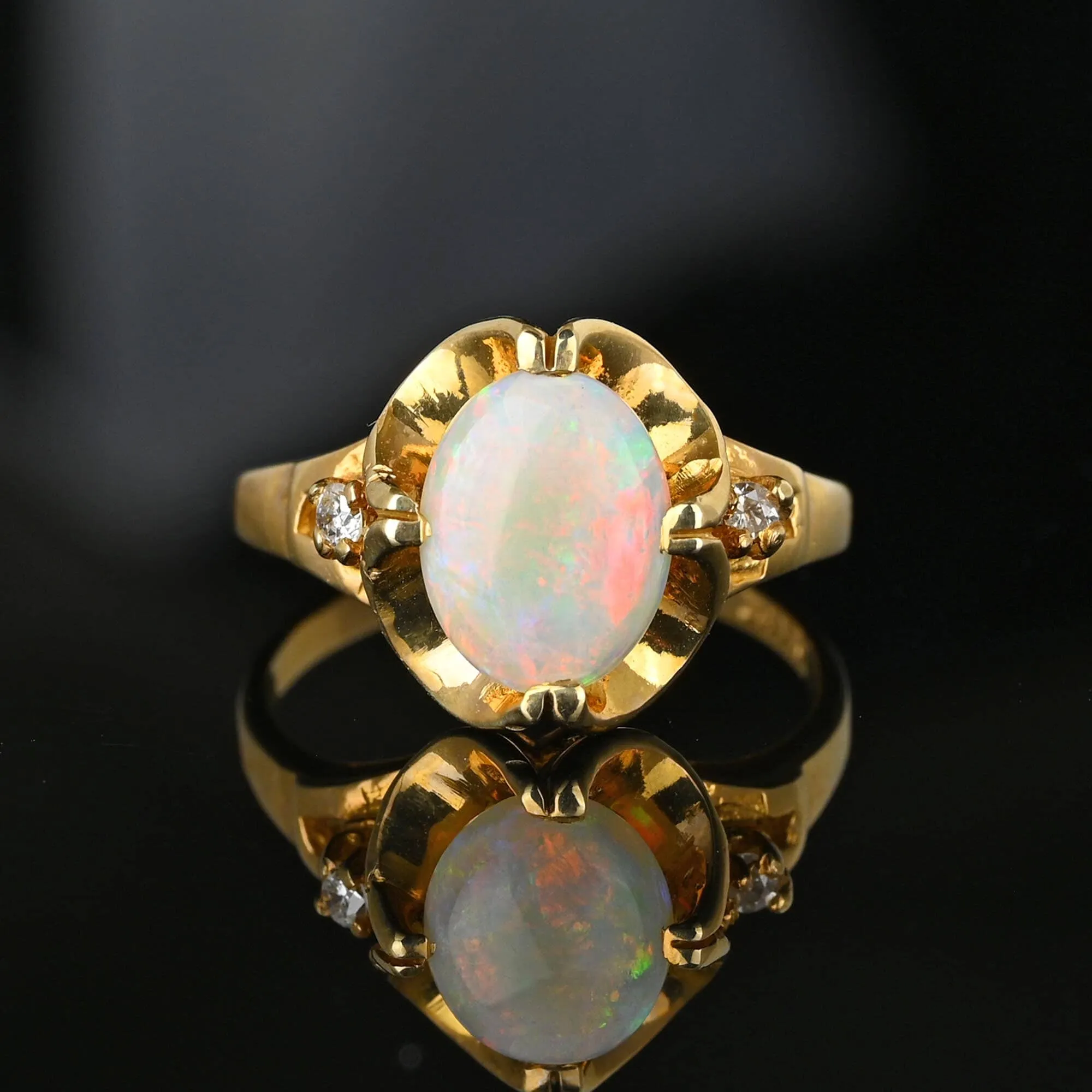 Fine 14K Gold Diamond Opal Cabochon Ring