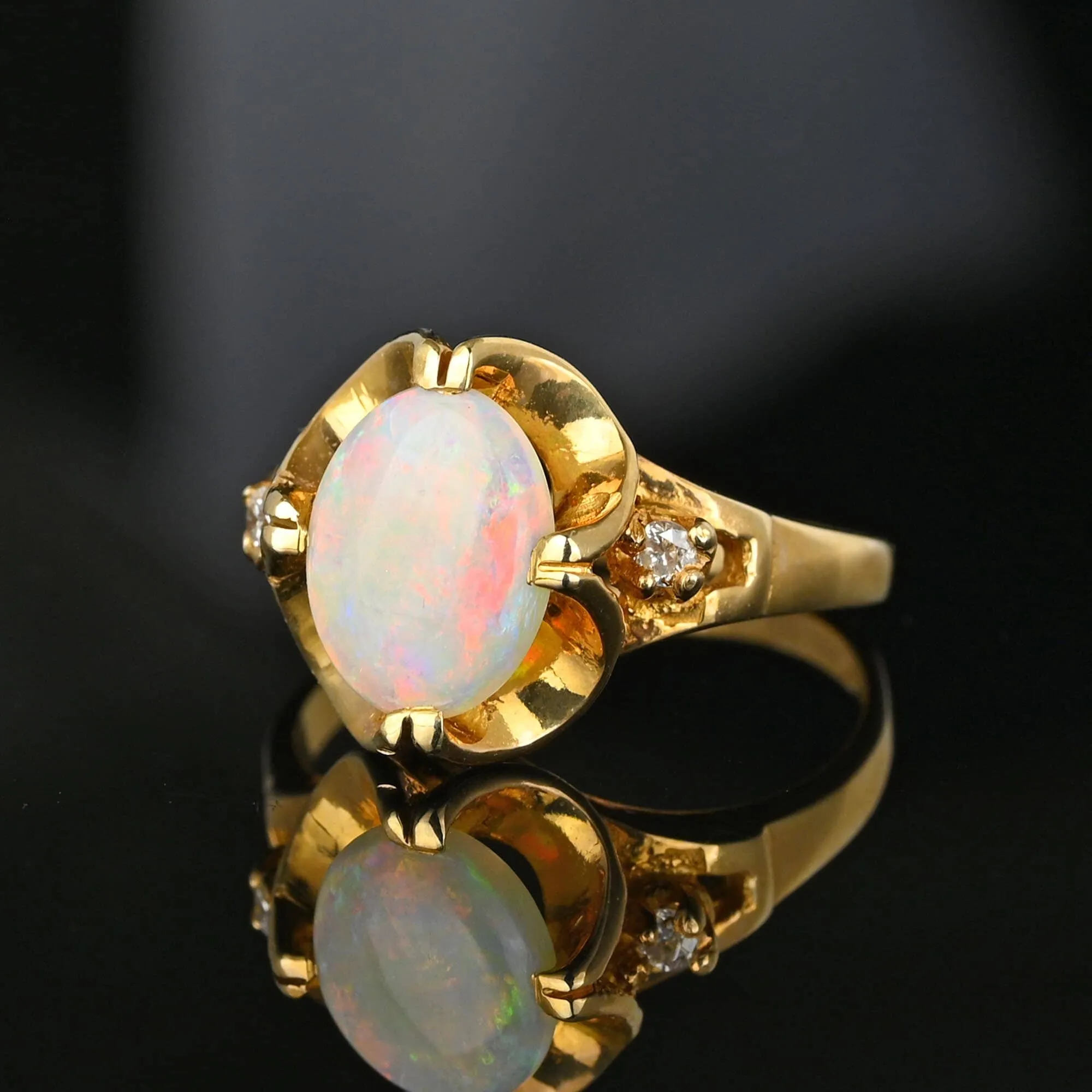 Fine 14K Gold Diamond Opal Cabochon Ring