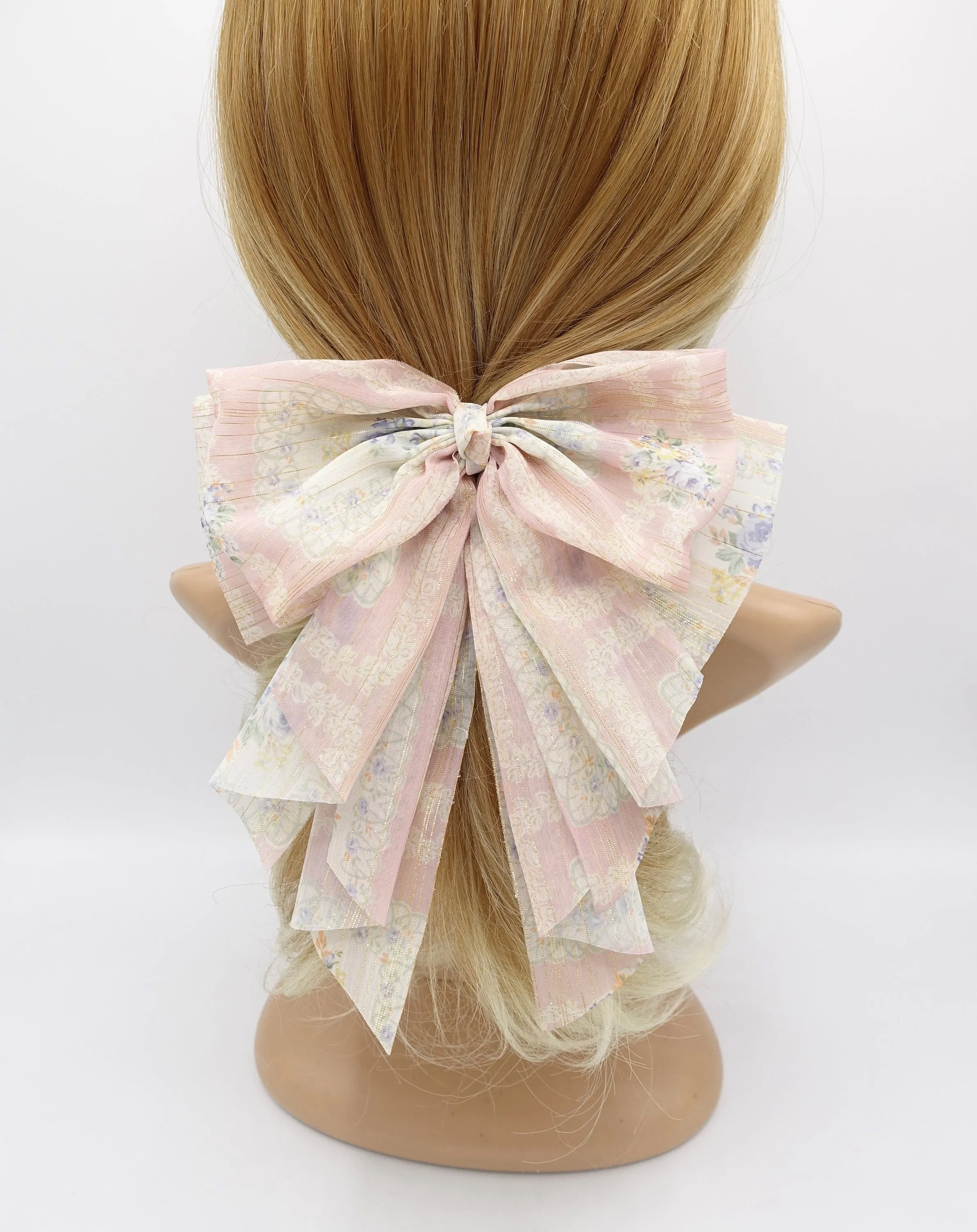 floral hair bow, golden glitter hair bow, chiffon hair bows for women