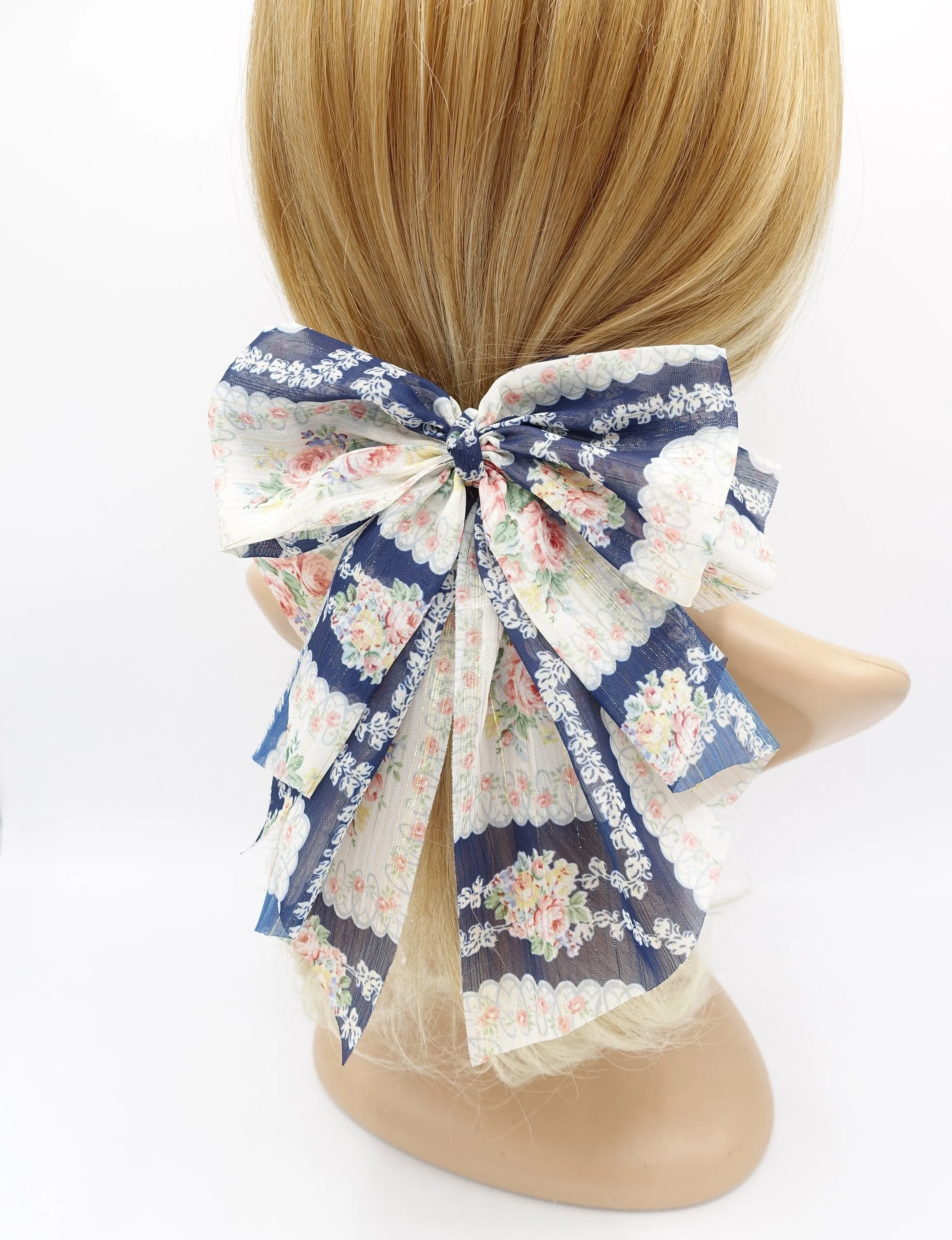 floral hair bow, golden glitter hair bow, chiffon hair bows for women