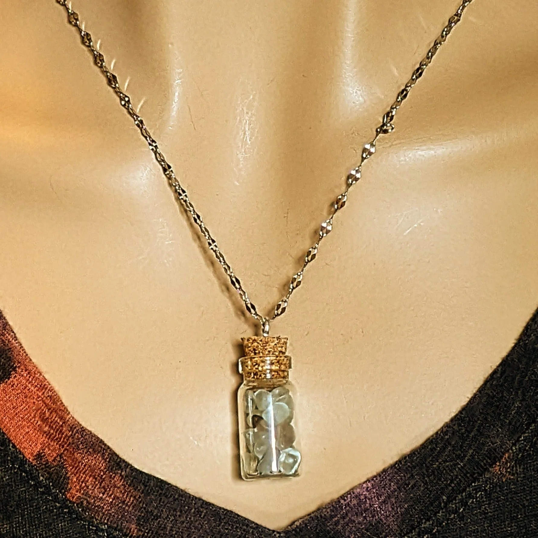 Flourite Gemstone Bottle Necklace, 20 or 24 inch, Silver/Gold