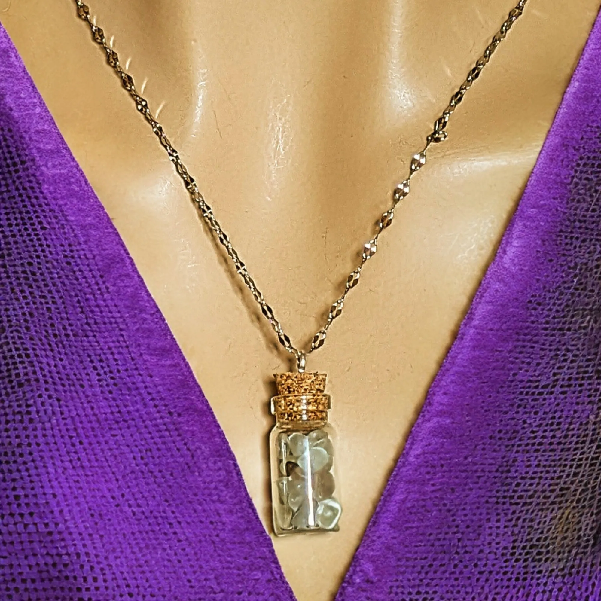 Flourite Gemstone Bottle Necklace, 20 or 24 inch, Silver/Gold