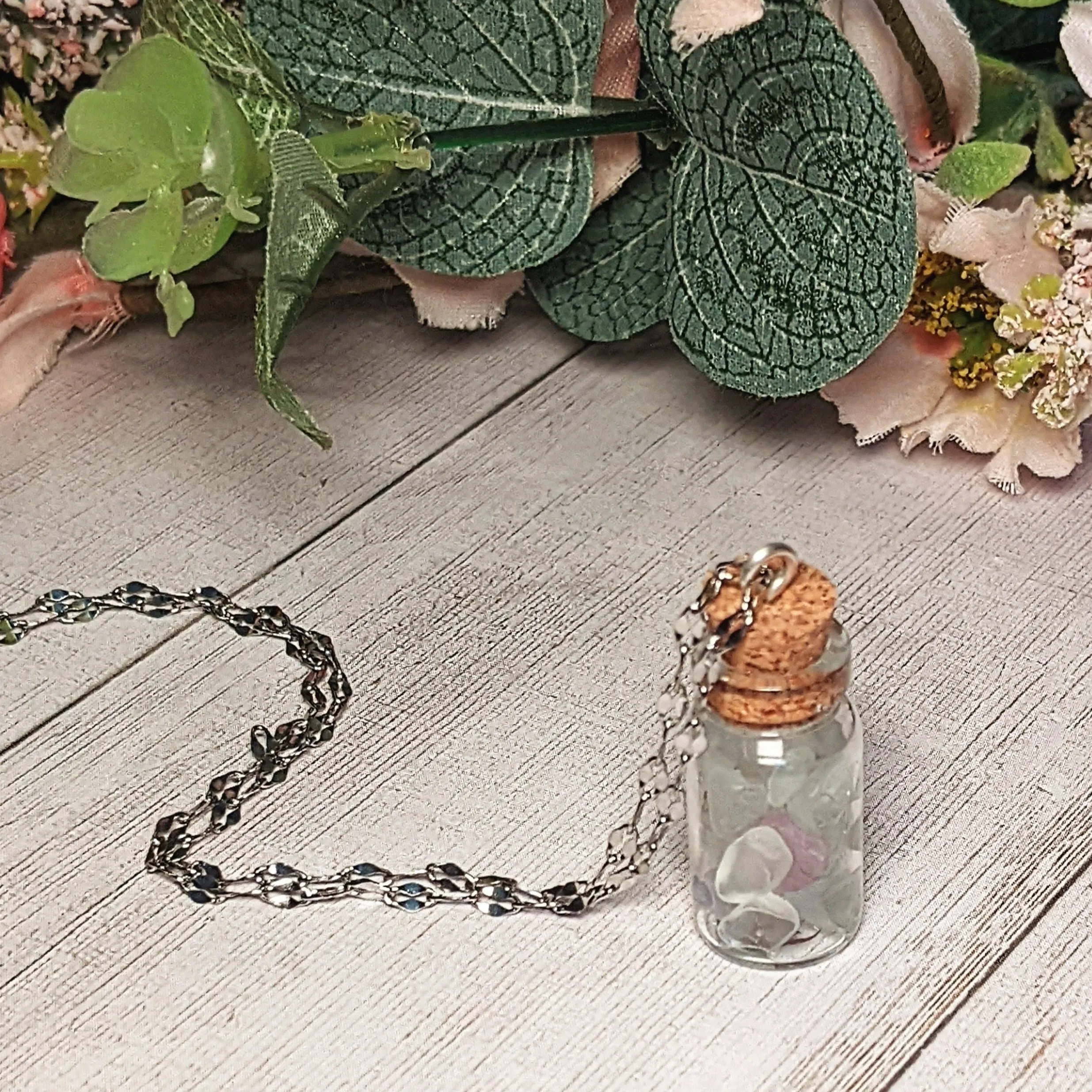 Flourite Gemstone Bottle Necklace, 20 or 24 inch, Silver/Gold