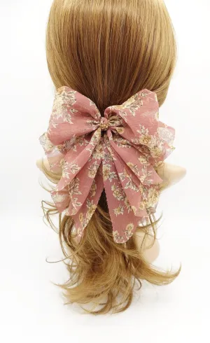 flower print hair bow thin Sping new hair bow floral chiffon bow double layered tail bow hair barrette for women