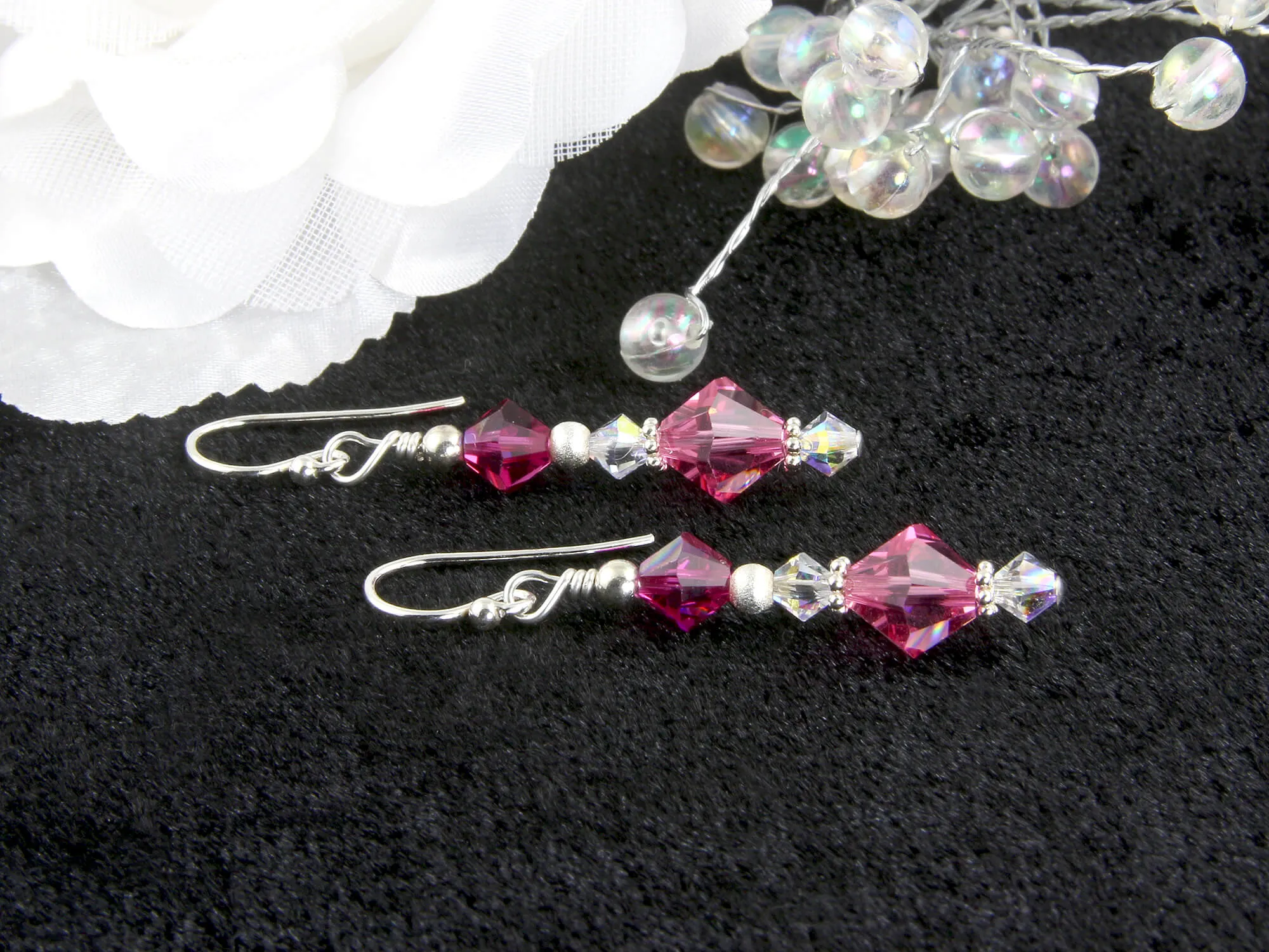 Fuchsia Rose Pink Crystal Beaded Earrings