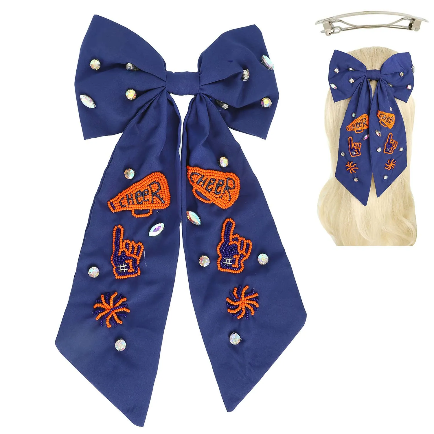 Game Day Cheer Embroidered Bow Barrette Hair Clip : Navy Orange