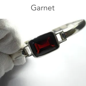 Garnet Bracelet Bangle, Faceted Oblong Gemstone, 925 Sterling Silver