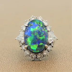 Gem Australian Black Opal Diamond Platinum Ring