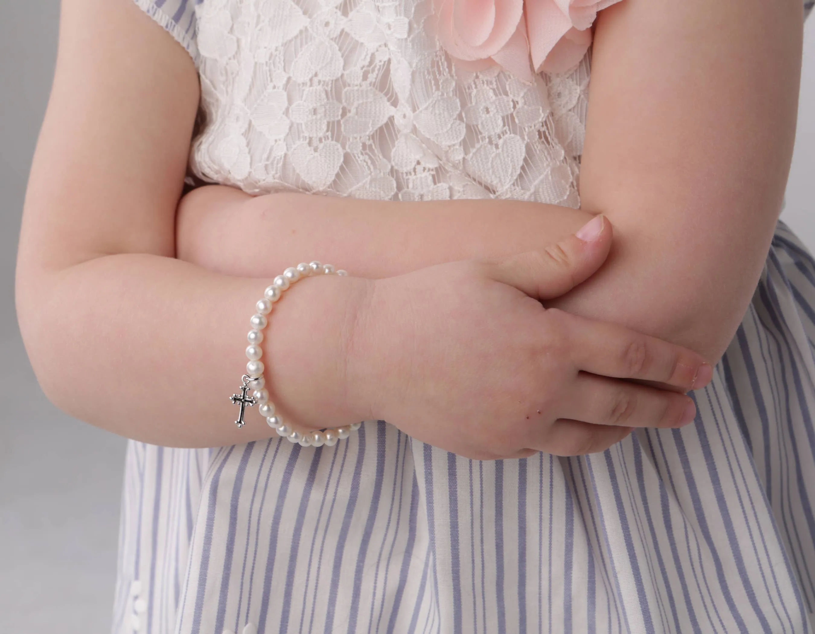 Girls Sterling Silver Pearl and Cross Baby Bracelet Kids: Large 6-12 Years