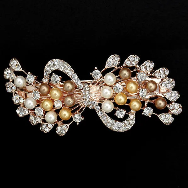 Gold Finish Rhinestone & Pearl Hair Barrette Ribbon