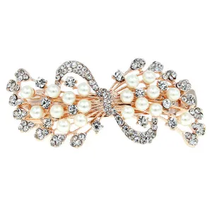 Gold Finish Rhinestone & Pearl Hair Barrette Ribbon