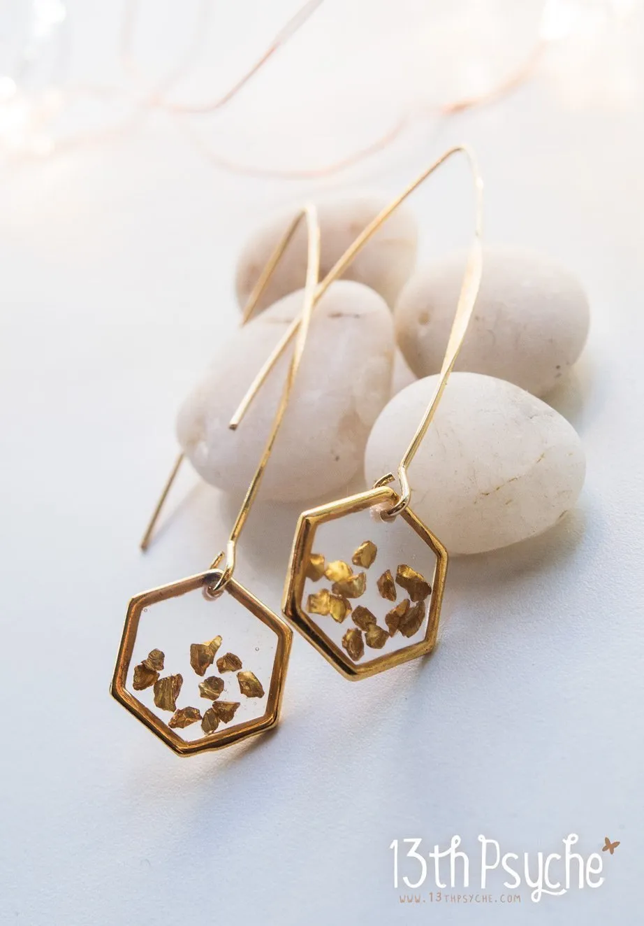 Gold honeycomb hexagon resin earrings