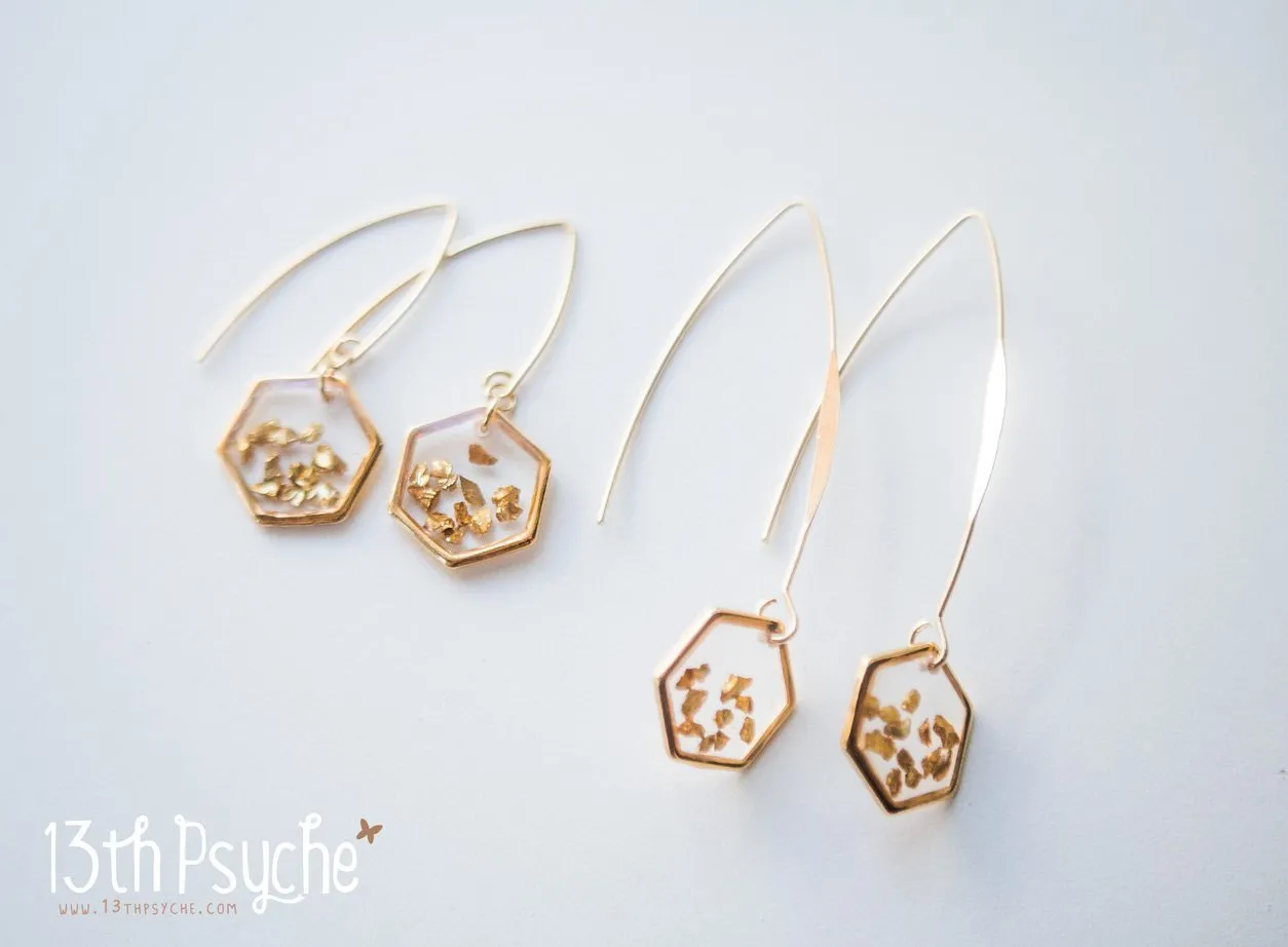 Gold honeycomb hexagon resin earrings