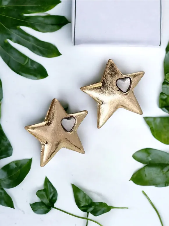 Golden Star And Quartz Stud Earrings