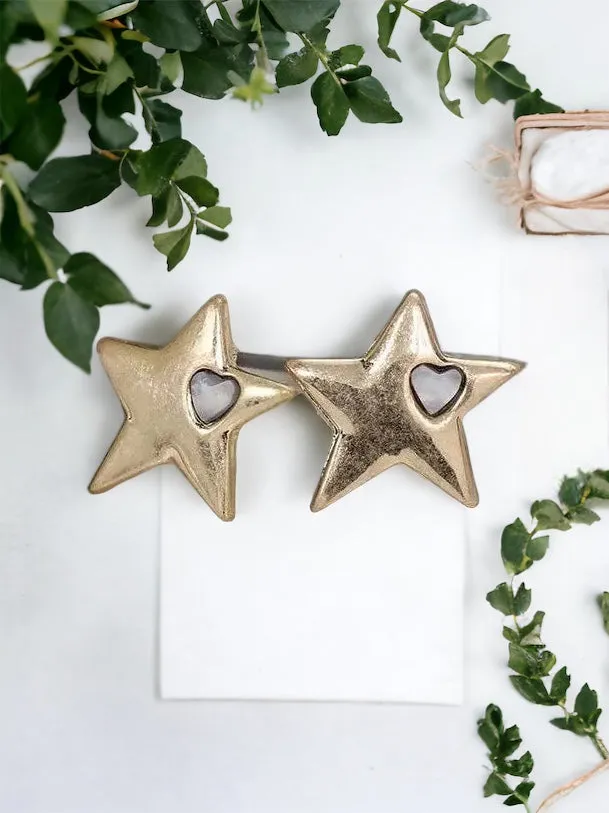 Golden Star And Quartz Stud Earrings