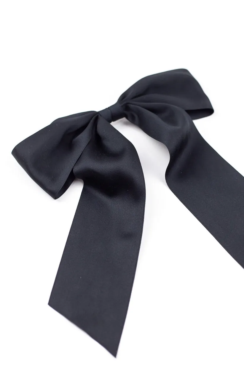 Grace & Grandeur - Oversized Bailee Matte Satin Bow Barrette Black