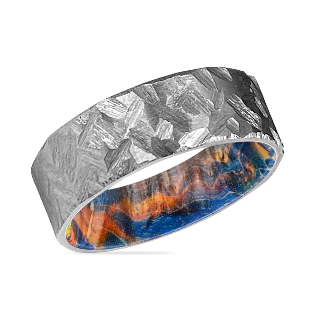 GRANTHAM | Blue & Yellow/Orange Wood, Silver Titanium Ring, Hammered, Flat