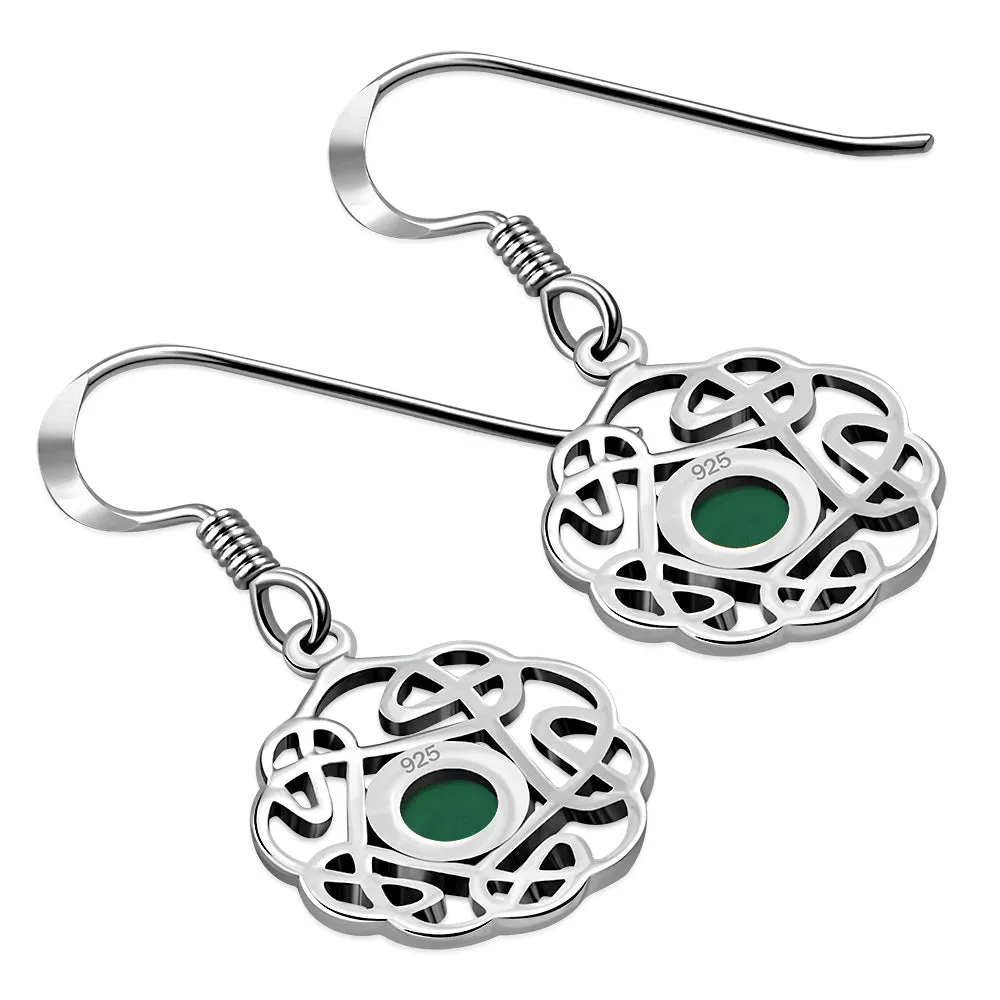 Green Agate Round Celtic Knot Silver Earrings