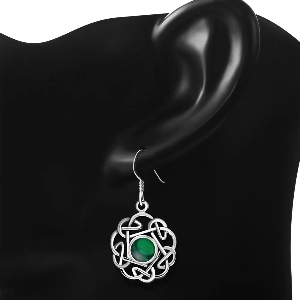 Green Agate Round Celtic Knot Silver Earrings