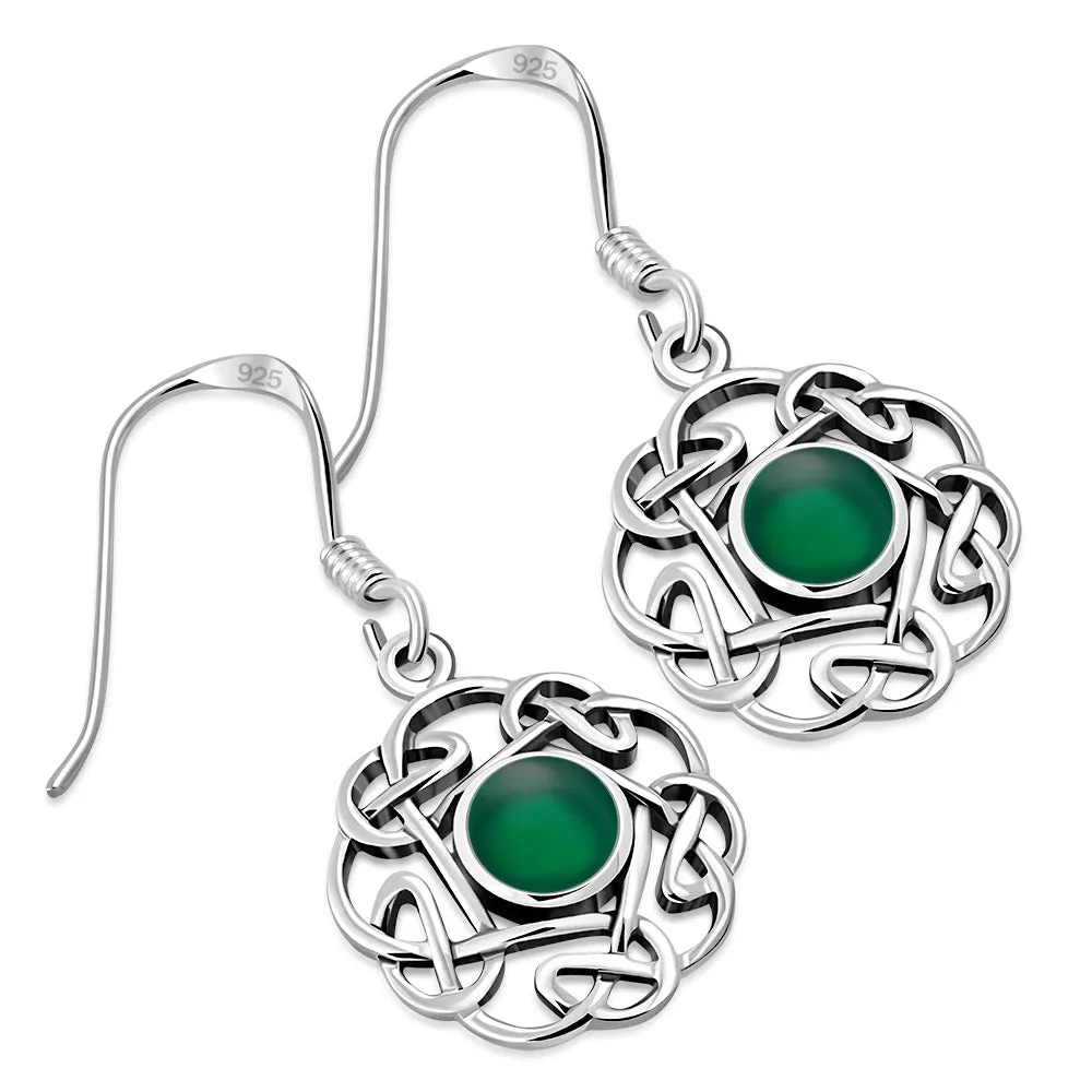 Green Agate Round Celtic Knot Silver Earrings