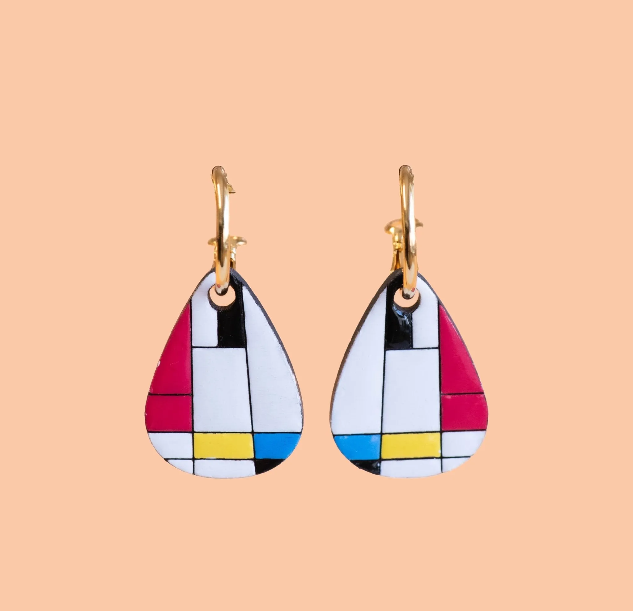 Hand-Painted Cherry Wood Piet Mondrian Art Hoop Earrings - PET15120