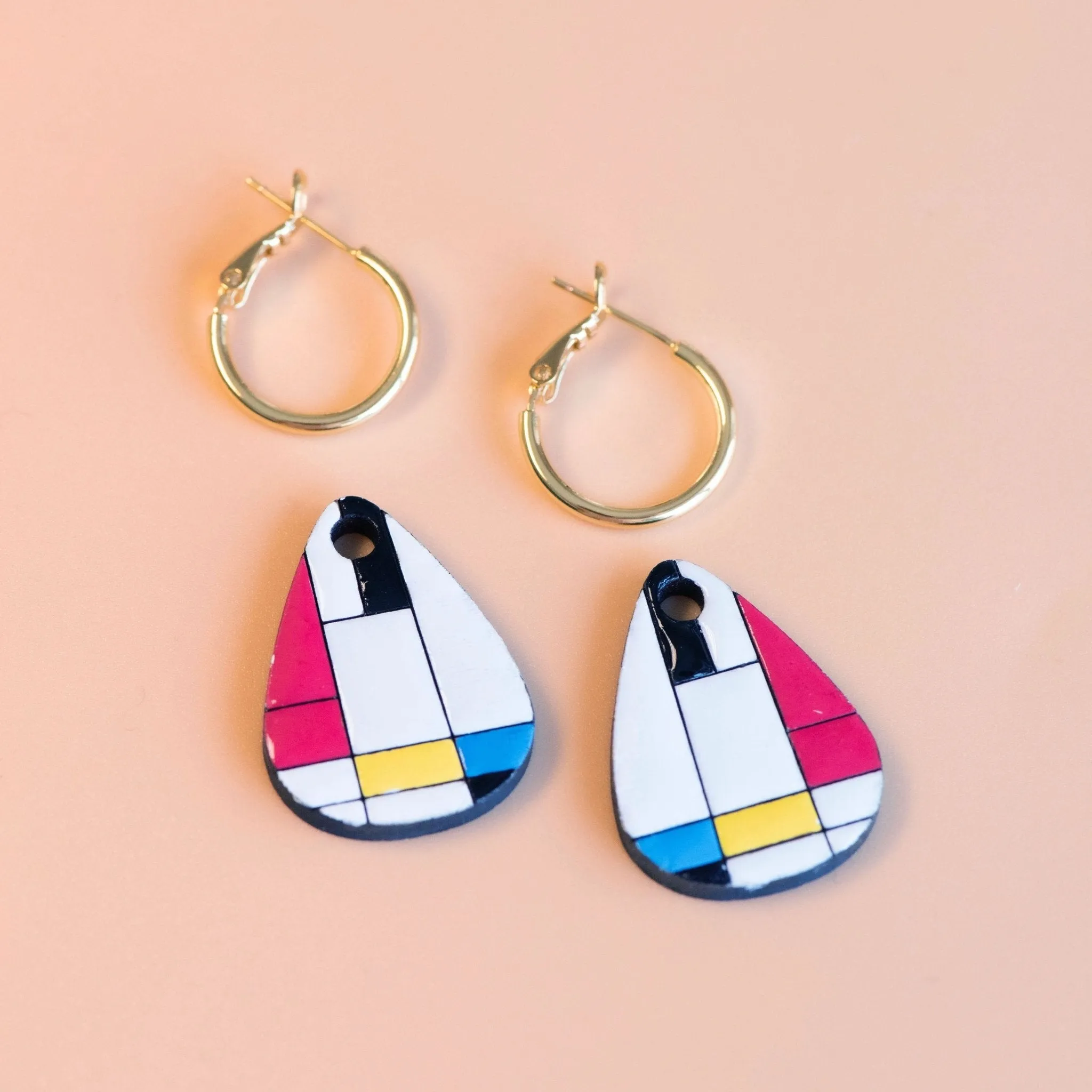 Hand-Painted Cherry Wood Piet Mondrian Art Hoop Earrings - PET15120