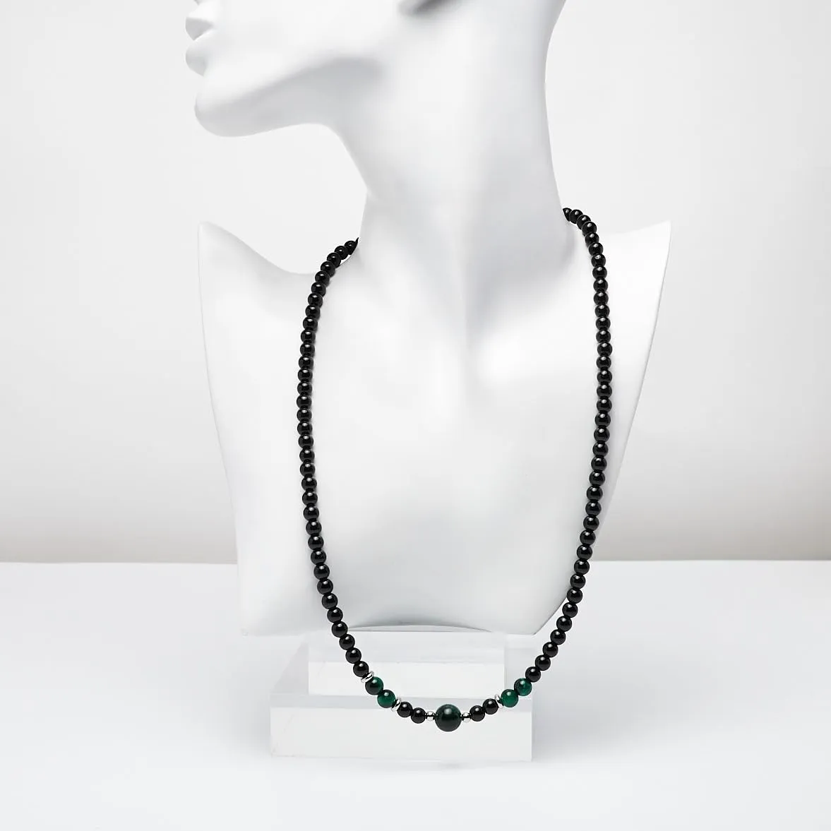 Handmade Men's Natural Black Agate and Green Tiger's Eye Gemstone Beaded Necklace