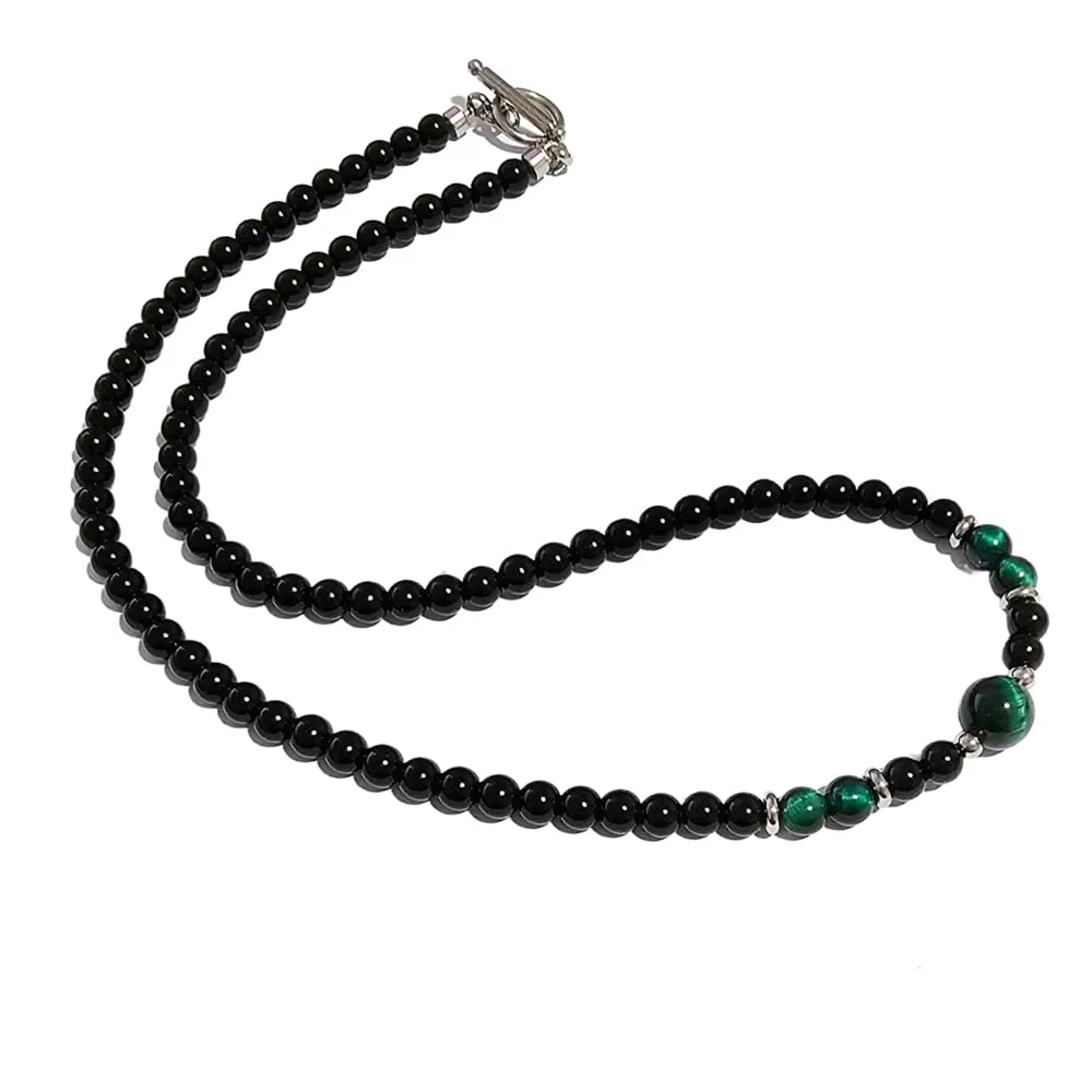 Handmade Men's Natural Black Agate and Green Tiger's Eye Gemstone Beaded Necklace