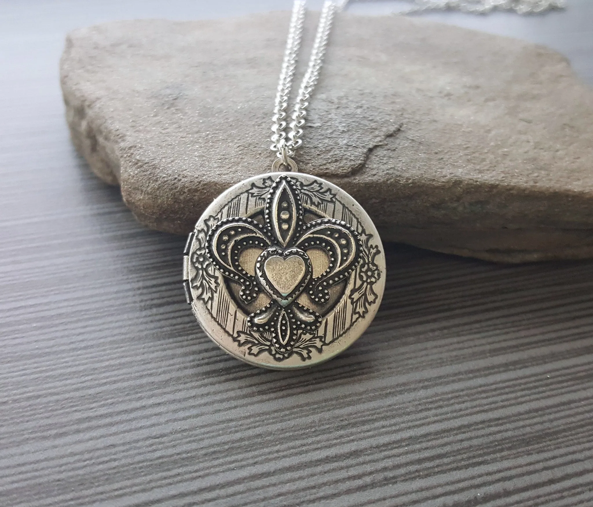 Handmade Oxidized Silver Fleur De Lis Locket Necklace