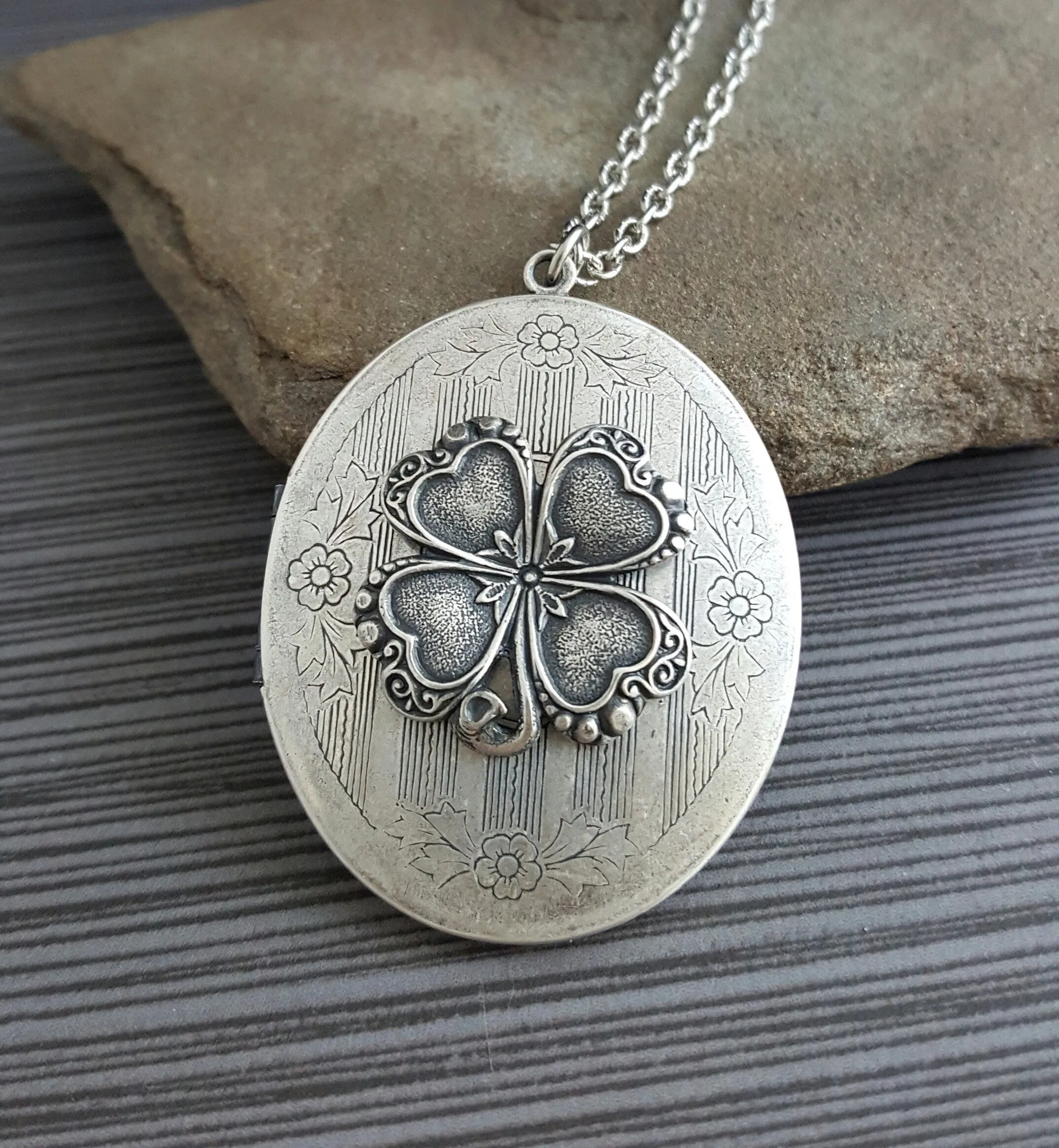 Handmade Oxidized Silver Four Leaf Clover Locket Necklace