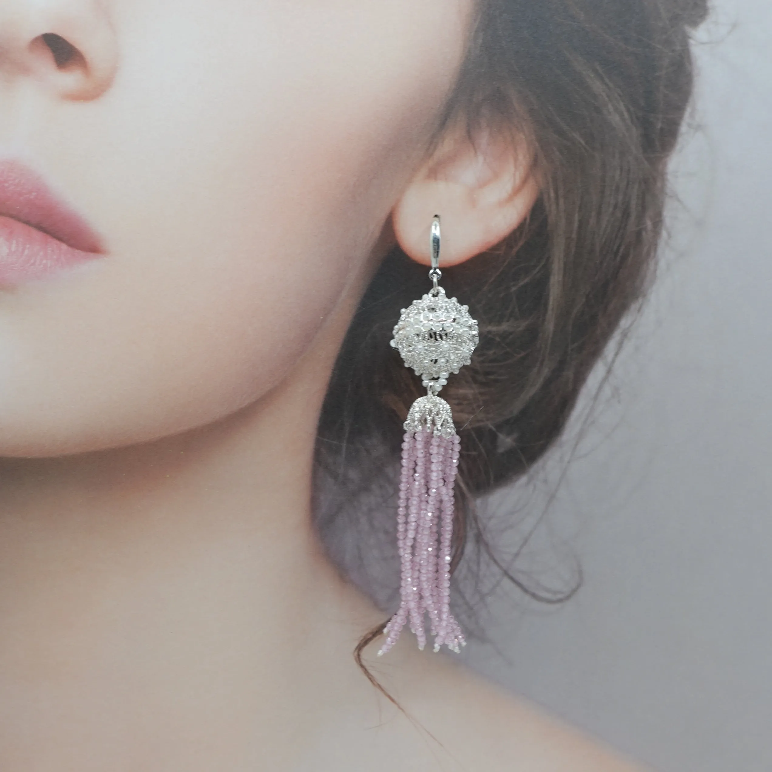 Herbal Locket Crystal Tassel Earrings - Pink Zirconia